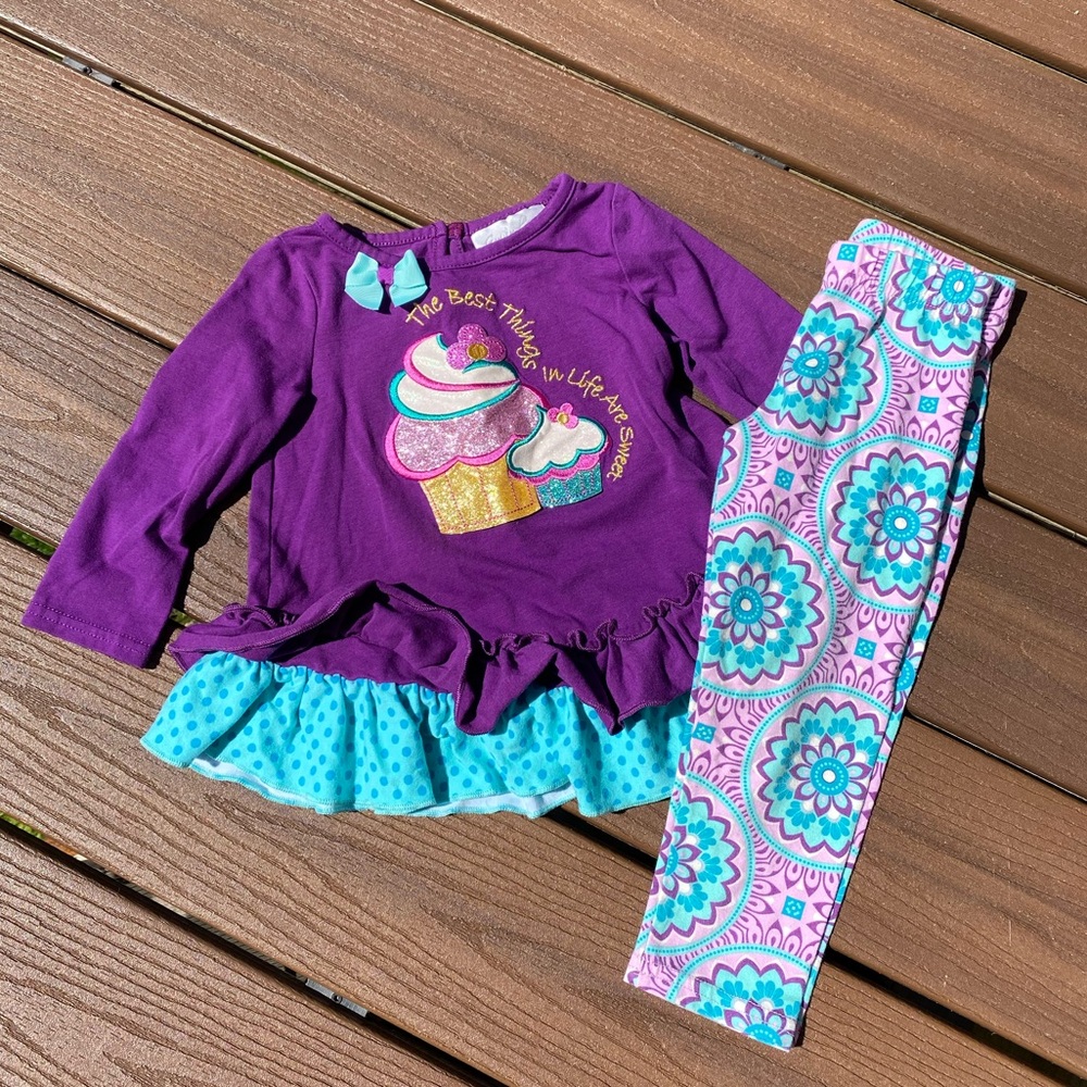 Kids Purple Cupcake Top & Aqua Patterned Leggings Matching Set